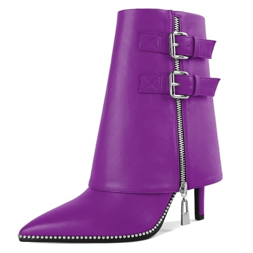 Soireelady Damen Stiletto Heeled Fold Over Knöchelstiefel Spitze Zehe Silber Schnalle Akzent und Seite Reißverschluss 3.7 Zoll groß Lila EU37 von Soireelady