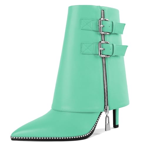 Soireelady Damen Stiletto Heeled Fold Over Knöchelstiefel Spitze Zehe Silber Schnalle Akzent und Seite Reißverschluss 3.7 Zoll groß Mintgrün EU37 von Soireelady