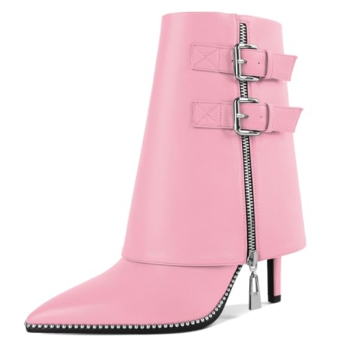 Soireelady Damen Stiletto Heeled Fold Over Knöchelstiefel Spitze Zehe Silber Schnalle Akzent und Seite Reißverschluss 3.7 Zoll groß Rosa EU37 von Soireelady