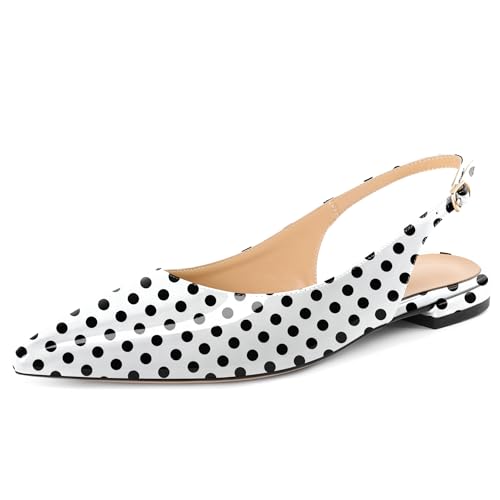 Soireelady Flach für Frauen Spitze Zehe Slingback Knöchelriemen Niedrige Absätze 2CM Slip On Schuhe Lack Polka Dot EU41 von Soireelady
