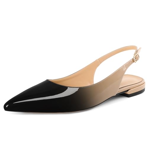 Soireelady Frauen Flach Knöchelriemen Spitze Zehe Slingback Niedrige Absätze 2CM Slip On Schuhe Lackschwarz Beige EU39 von Soireelady