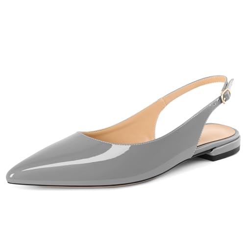 Soireelady Frauen Flach Spitze Zehe Slingback Knöchelriemen Niedrige Absätze 2CM Slip On Schuhe Patent Grau EU36 von Soireelady