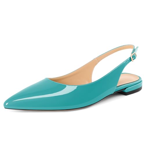 Soireelady Frauen Niedrige Absätze Spitze Zehe Slingback Flach Knöchelriemen 2CM Slip On Schuhe Patent Türkis EU38 von Soireelady