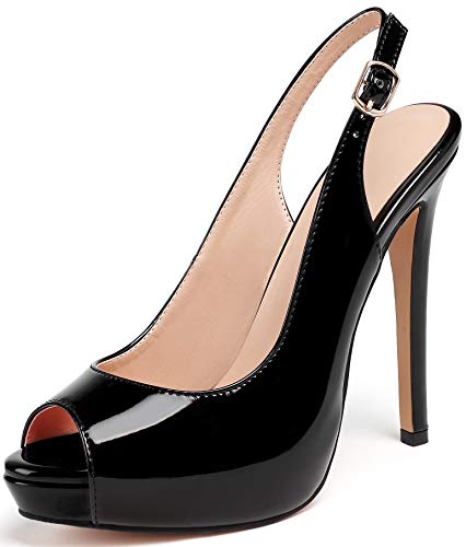 Soireelady Frauen Peep Toe Plateau Sandalen Stiletto High Heels Slingback Schuhe Hochzeitsfeier Kleid Schuhe für Damen EU37 Schwarz von Soireelady