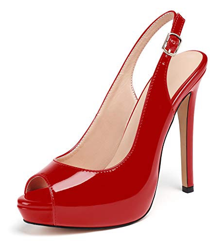 Soireelady Frauen Peep Toe Plateau Sandalen Stiletto High Heels Slingback Schuhe Hochzeitsfeier Kleid Schuhe für Damen EU38 Rot von Soireelady