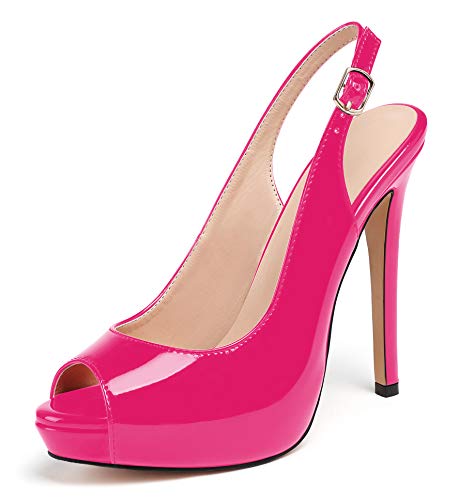 Soireelady Frauen Peep Toe Plateau Sandalen Stiletto High Heels Slingback Schuhe Hochzeitsfeier Kleid Schuhe für Damen EU41 Rosa von Soireelady
