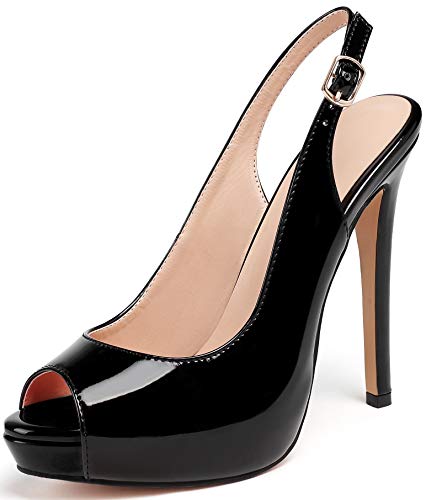 Soireelady Frauen Peep Toe Plateau Sandalen Stiletto High Heels Slingback Schuhe Hochzeitsfeier Kleid Schuhe für Damen EU46 Schwarz von Soireelady