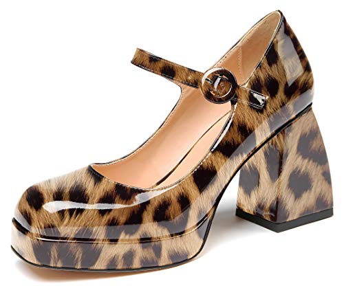Soireelady Frauenplattform High Heels, Chunky Block Heel Square Toe Bequeme Pumps, Mary Jane Heels Leopard EU43 von Soireelady