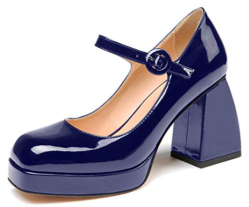 Soireelady Frauenplattform High Heels, Chunky Block Heel Square Toe Bequeme Pumps, Mary Jane Heels Navy EU37 von Soireelady