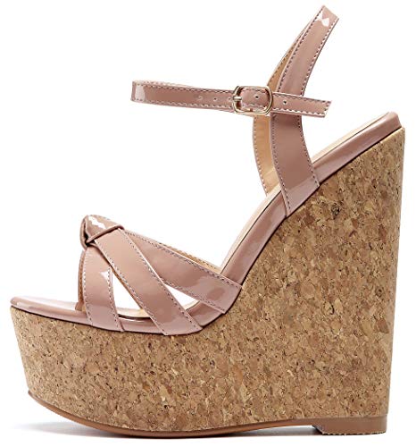 Soireelady High Heels Sandalen für Damen, Wedge Wooden Heel Platform Sandalen, Open Toe Knöchelriemen Mode Sommersandalen Beige EU38 von Soireelady