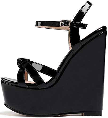 Soireelady High Heels Sandalen für Damen, Wedge Wooden Heel Platform Sandalen, Open Toe Knöchelriemen Mode Sommersandalen Patent Black EU35 von Soireelady