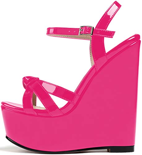 Soireelady High Heels Sandalen für Damen, Wedge Wooden Heel Platform Sandalen, Open Toe Knöchelriemen Mode Sommersandalen Patent Fuchsia EU46 von Soireelady