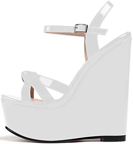 Soireelady High Heels Sandalen für Damen, Wedge Wooden Heel Platform Sandalen, Open Toe Knöchelriemen Mode Sommersandalen Patent White EU35 von Soireelady