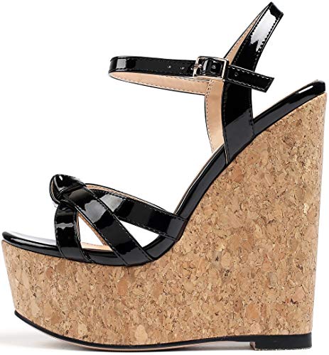 Soireelady High Heels Sandalen für Damen, Wedge Wooden Heel Platform Sandalen, Open Toe Knöchelriemen Mode Sommersandalen Schwarz EU37 von Soireelady