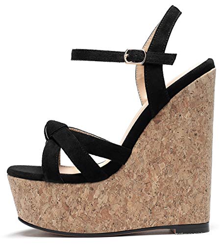 Soireelady High Heels Sandalen für Damen, Wedge Wooden Heel Platform Sandalen, Open Toe Knöchelriemen Mode Sommersandalen Schwarz Wildleder EU37 von Soireelady