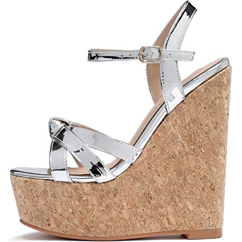 Soireelady High Heels Sandalen für Damen, Wedge Wooden Heel Platform Sandalen, Open Toe Knöchelriemen Mode Sommersandalen Silber EU45 von Soireelady