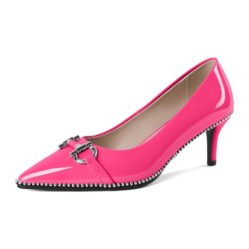 Soireelady Modische Spitzzehen Pumps für Frauen Geschlossene Zehe Slip On Kitten Heel 2.5 Inches Patent Leder Silber Perlen Akzente Ideal für Party Kleid Heißes Rosa EU35 von Soireelady