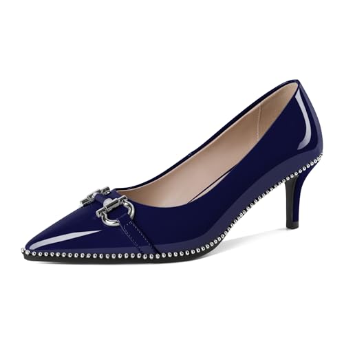 Soireelady Modische Spitzzehen Pumps für Frauen Geschlossene Zehe Slip On Kitten Heel 2.5 Inches Patent Leder Silber Perlen Akzente Ideal für Party Kleid Marineblau EU35 von Soireelady