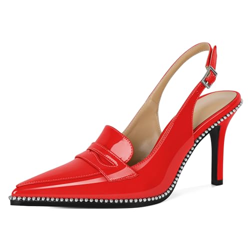 Soireelady Slingback Spitze Zehe & 9cm with Beads Moden Blockabsatz Ferse für Brautmutteroutfits & Business-Lunches Rot EU39 von Soireelady