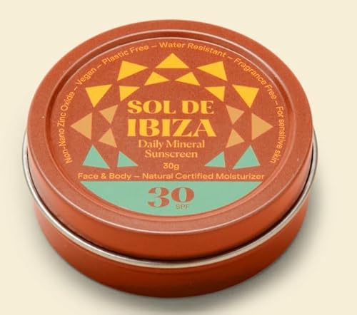 Sol De Ibiza Mineralischer Sonnenschutz LSF30, Gesicht & Körper, natürliche Inhaltsstoffe, nicht-nano-Zinkoxid, vegan, wasserdicht, Erwachsene & Kinder, 30 g, neue cremige Textur von Sol de Ibiza