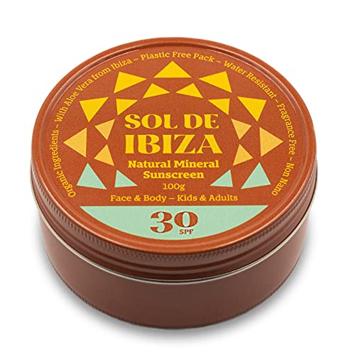 Sol De Ibiza Mineralischer Sonnenschutz SPF30 - Plastikfrei - Gesicht & Körper - Natürliche Zutaten - Nicht Nano-Zinkoxid - Vegan - Wasserfest - Erwachsene & Kinder - 100 g - NEUE CREMIGE TEXTURE. von Sol de Ibiza
