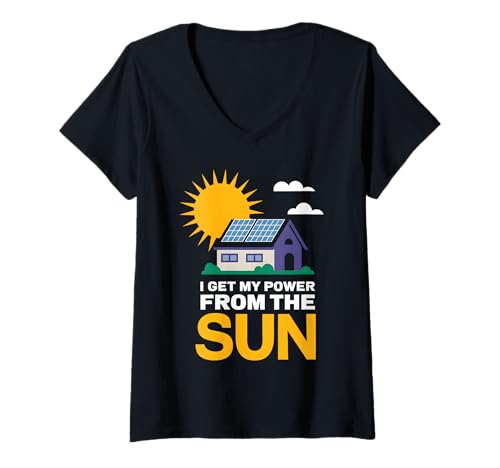 Damen Ich Kriege Meine Kraft von der Sonne T-Shirt mit V-Ausschnitt von Solar Energy Solar Panel Renewable Energy