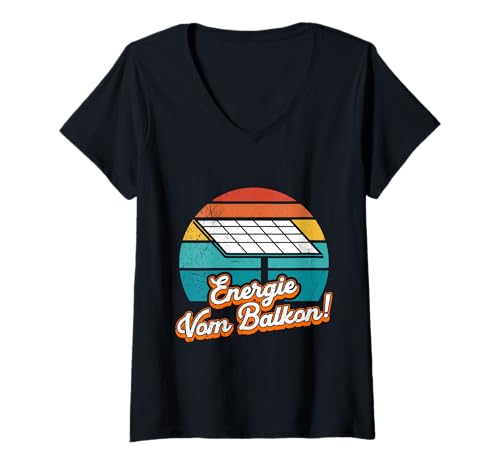 Damen Solar ENERGIE VOM BALKON Retro Lustiges Solarstrom T-Shirt mit V-Ausschnitt von Solar Shirt PV Anlage Solarenergie Ökostromhelden