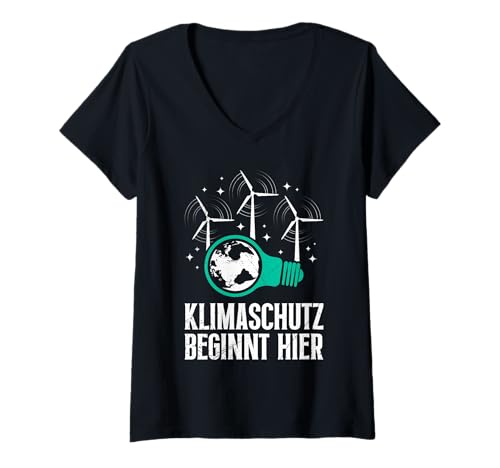 Damen Windkraft KLIMASCHUTZ BIGINNT HEIR LUSTIG Windkraft Strom T-Shirt mit V-Ausschnitt von Solar Shirt PV Anlage Solarenergie Ökostromhelden