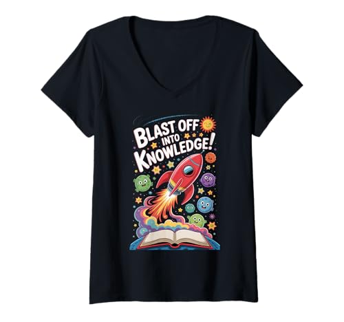 Damen Blasting Into Knowledge Sonnensystem Science Teacher School T-Shirt mit V-Ausschnitt von Solar System Planets Boys Girls Gifts and Apparel