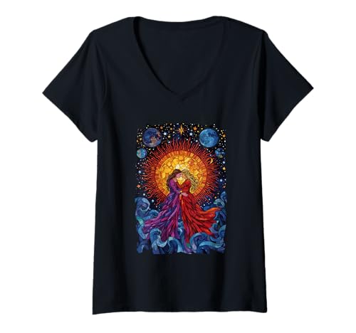 Damen Love Together Planets Duality Connection Couple Anniversary T-Shirt mit V-Ausschnitt Damen Love Together Planets Duality Connection Couple Anniversary T-Shirt mit V-Ausschnitt von Solar Wedding Celestial Romance Relationship