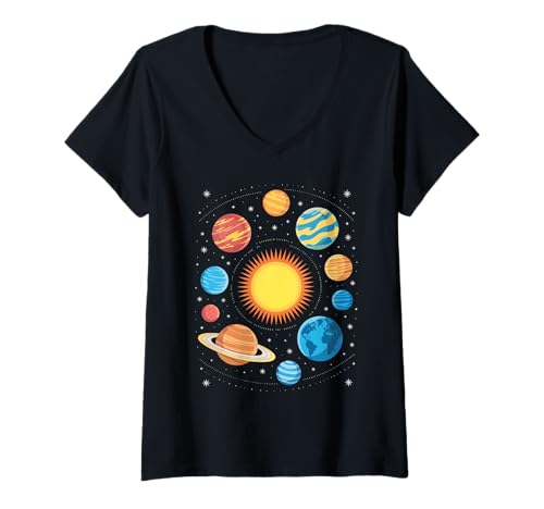 Damen Bunte Sonnensysteme mit Planeten und Sternen T-Shirt mit V-Ausschnitt Damen Bunte Sonnensysteme mit Planeten und Sternen T-Shirt mit V-Ausschnitt von Solar Wonders Apparel