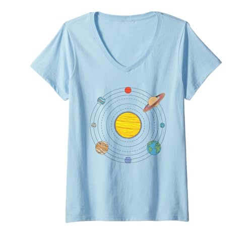 Damen Bunte Sonnensysteme mit Planeten und Sternen T-Shirt mit V-Ausschnitt Damen Bunte Sonnensysteme mit Planeten und Sternen T-Shirt mit V-Ausschnitt von Solar Wonders Apparel