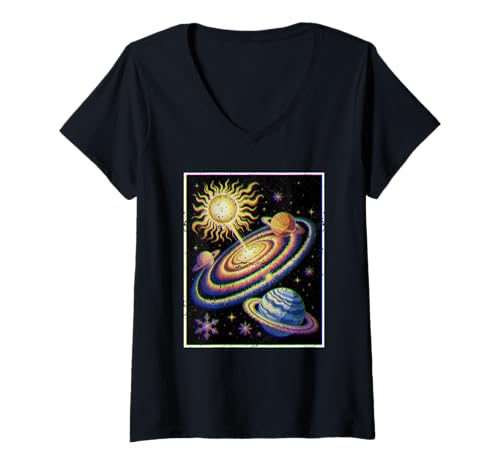Damen Galaxy Sun Rings Celestial Space Burst Retro T-Shirt mit V-Ausschnitt von SolarPulse