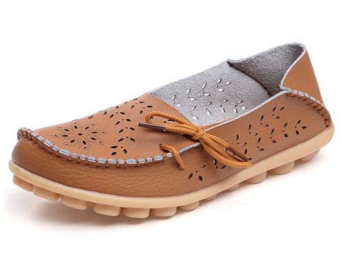 Solaud Damen Driving Loafers Leder Mokassins Atmungsaktive Ausschnitte Weiche Walking Schuhe Frauen Slip On Loafers von Solaud