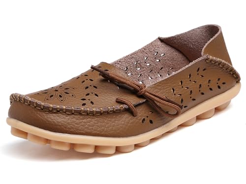 Solaud Damen Driving Loafers Leder Mokassins Atmungsaktive Ausschnitte Weiche Walking Schuhe Frauen Slip On Loafers von Solaud