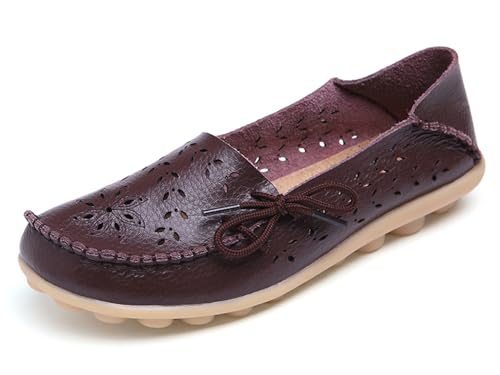 Solaud Damen Driving Loafers Leder Mokassins Atmungsaktive Ausschnitte Weiche Walking Schuhe Frauen Slip On Loafers von Solaud