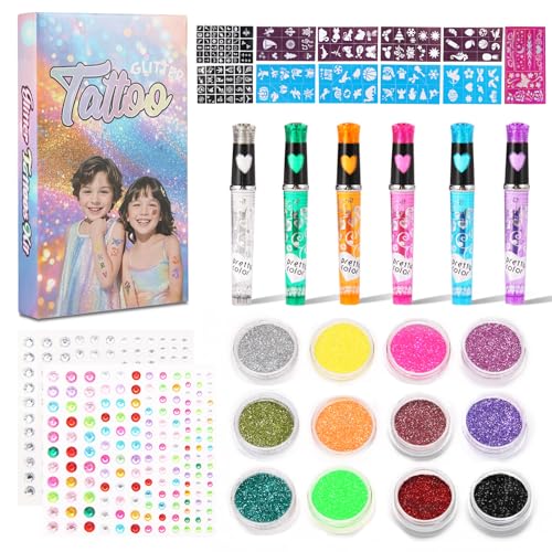 Tattoo Stifte Kinder, Glitzer Tattoo Set Kinder mit 6 Glitter Tattoostifte, 12 Farben Glitzertattoos,1 Pinsel, 1 Kleber, 149 Aufkleber Schablone, 330 Gesicht Edelstein, Tattoos Jungen und Mädchen von Solaverano