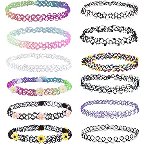 Soleebee 12 Stück Tattoo Choker Halskette Set Mode Stretch Gothische Elastische Halsband Schmuck-Sets Damen Halskette Schmuck für Frauen Mädchen (Bunte Tattoo Choker mit Charme) von Soleebee