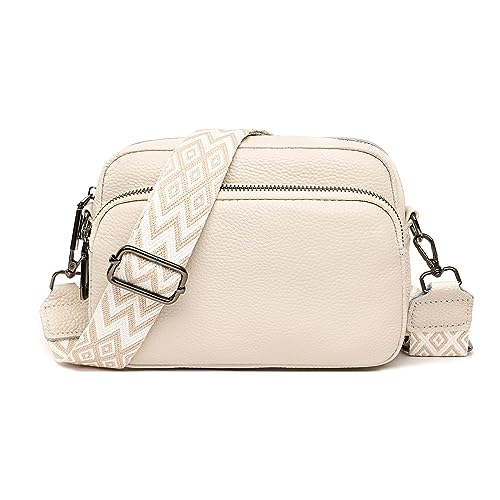 Soleebee Crossbody Bag Damen Leder Handy Umhängetasche mit Breitem Abnehmbarer Boho Schultergurt, Klein Moderne Taschen mit 3 fächern, Handytasche zum Umhängen für Frauen (Beige) von Soleebee