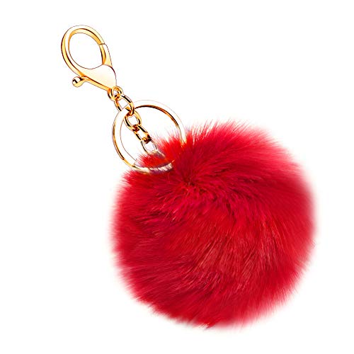 Soleebee Künstliche Kaninchenfell Keychain Flauschigen Ball Pom Pom Schlüsselanhänger Taschen Koffer Rucksäcke Zubehör Charm Auto Schlüsselanhänger Schlüsselring für Frauen (Rot) von Soleebee