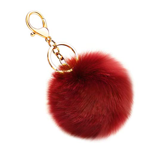 Soleebee Künstliche Kaninchenfell Keychain Flauschigen Ball Pom Pom Schlüsselanhänger Taschen Koffer Rucksäcke Zubehör Charm Auto Schlüsselanhänger Schlüsselring für Frauen (Weinrot) von Soleebee