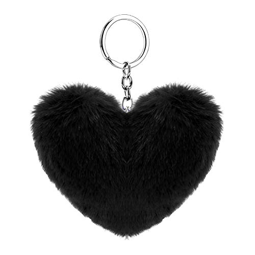 Soleebee Künstliche Kaninchenfell Keychain Flauschigen Liebesherz Pom Pom Schlüsselanhänger Taschen Koffer Rucksäcke Zubehör Charm Auto Schlüsselanhänger Schlüsselring für Frauen Mädchen (Schwarz) von Soleebee