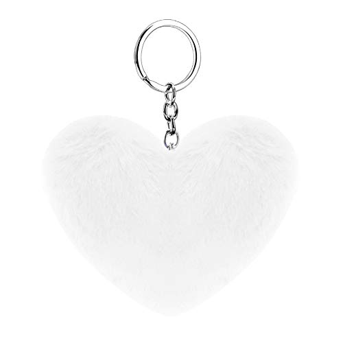 Soleebee Künstliche Kaninchenfell Keychain Flauschigen Liebesherz Pom Pom Schlüsselanhänger Taschen Koffer Rucksäcke Zubehör Charm Auto Schlüsselanhänger Schlüsselring für Frauen Mädchen (Weiß) von Soleebee