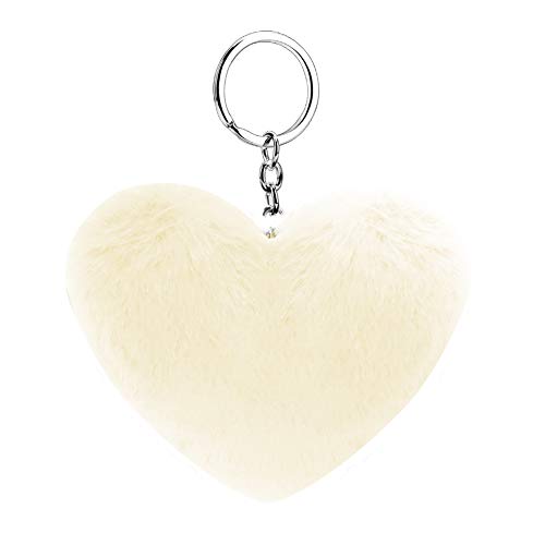 Soleebee Künstliche Kaninchenfell Keychain Flauschigen Liebesherz Pom Pom Schlüsselanhänger Taschen Koffer Rucksäcke Zubehör Charm Auto Schlüsselanhänger Schlüsselring für Frauen Mädchen (Beige) von Soleebee