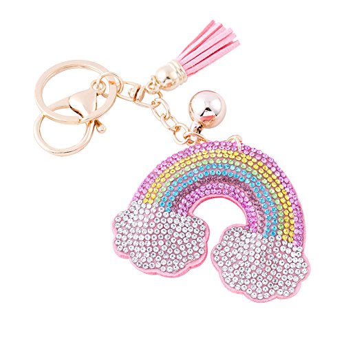 Soleebee Leder Süße Rosa Keychain Bling Kristallstrass Taschen Koffer Rucksäcke Zubehör Charm Auto Schlüsselanhänger Schlüsselring mit Quasten für Damen (Regenbogen) von Soleebee