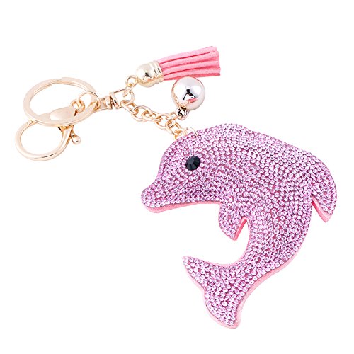 Soleebee Leder Süße Rosa Keychain Bling Kristallstrass Taschen Koffer Rucksäcke Zubehör Charm Auto Schlüsselanhänger Schlüsselring mit Quasten für Damen Mädchen (Delphin) von Soleebee