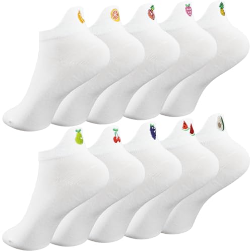 Soleeya 10 Paar Weiße Sneaker Socken Damen Kurz, 35-39 Gute Laune Socken Lustige mit Fruchtmuster Bestickt Atmungsaktiv Knöchelsocken Sportsocken Baumwolle Sport Freizeit von Soleeya