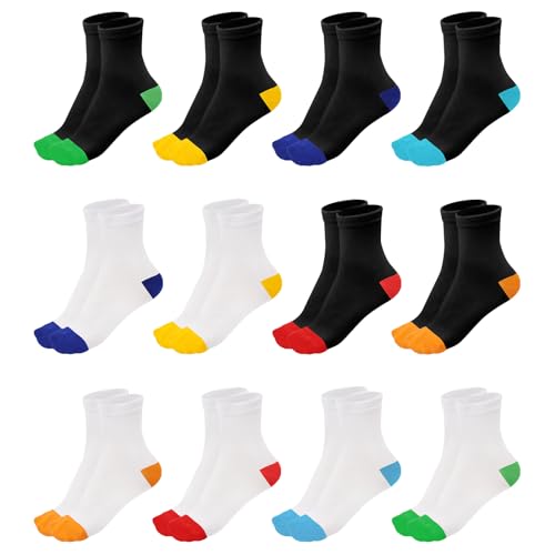 Soleeya 12 Paar Baumwollsocken Damen 35-38, Weiße und Schwarze Socken Damen Baumwolle mit Farbige Ferse und Spitze Atmungsaktiv Crew Socks Geeignet für Sport Freizeit Beruf von Soleeya