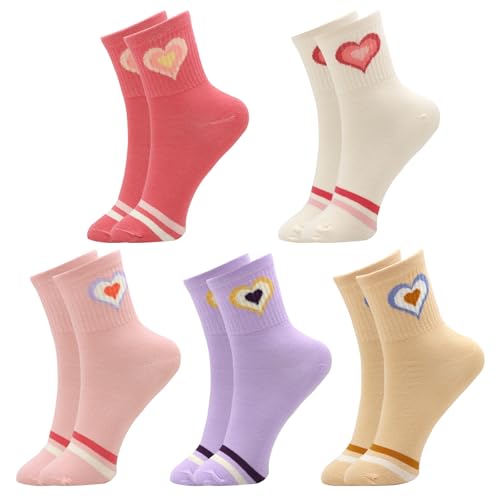 Soleeya 5 Paar Bunt Tennis Socken mit Herzen Damen, 38-42 Atmungsaktive Sportsocken Damen Baumwollsocken Superweich, Mehrfarbig Retro Socken Streifen Muster Crew Socks Damen für Arbeit Freizeit Sport von Soleeya