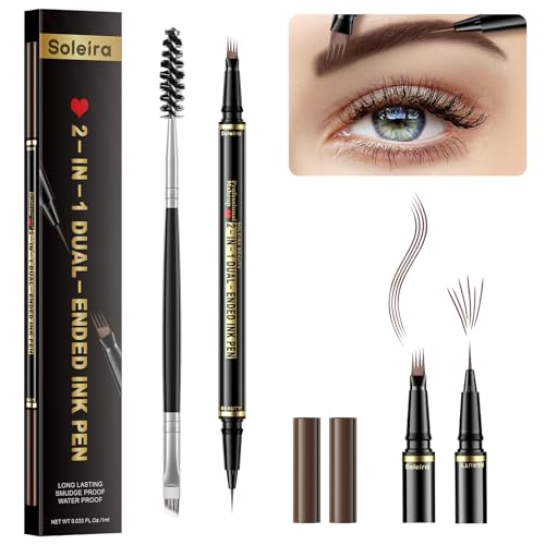 Augenbrauenstift, wasserfest, mit 4 Spitzen, Microblading und Doppelspitzenbürste, für natürlich aussehende Augenbrauen, langanhaltend, Dunkelbraun von Soleira